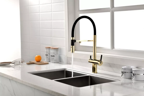 Смеситель для кухни Paulmark Gravity Gr213888-G, с подключением к фильтру, золото