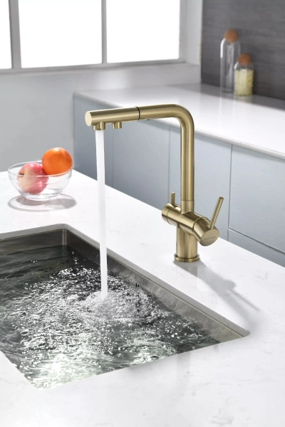 Смеситель для кухни Paulmark SERPENTINE Se213222-LG, с подключением к фильтру, зотоло