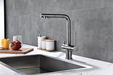 Смеситель для кухни Paulmark SERPENTINE Se213222-GM, с подключением к фильтру, вороненая сталь