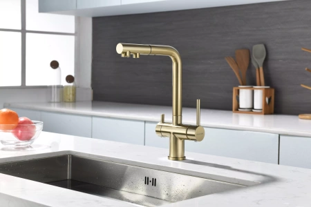 Смеситель для кухни Paulmark SERPENTINE Se213222-LG, с подключением к фильтру, зотоло